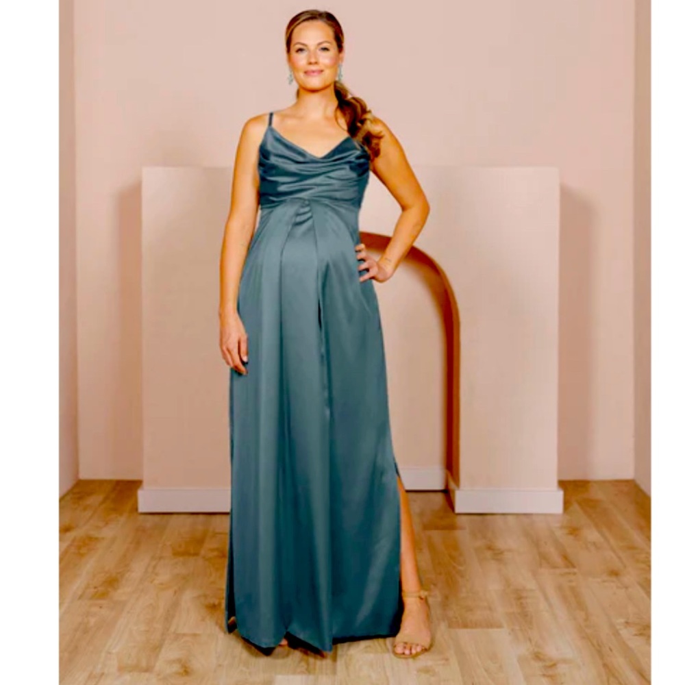Revelry Maternity Skye Satin Dress in Eucalyptus, size 10P